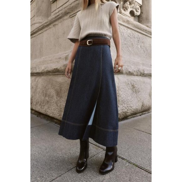 ZARA Z1975 BELTED DENIM MIDI WRAP SKIRT - Picture 4 of 9